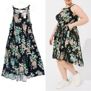 Torrid A-Line Halter Neck Hi-Lo Black Floral Dress Sz 1X